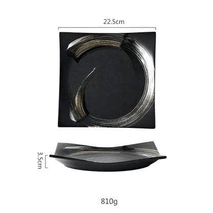 Rustic black ceramic sushi plate with silver brushstroke design for elegant decorbites black ceramic dining room use