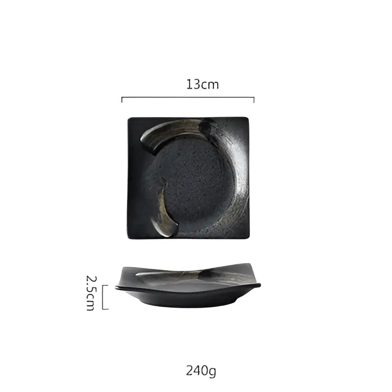 Rustic black ceramic sushi plate with textured raised design from decorbites black ceramic dining set with gold accent