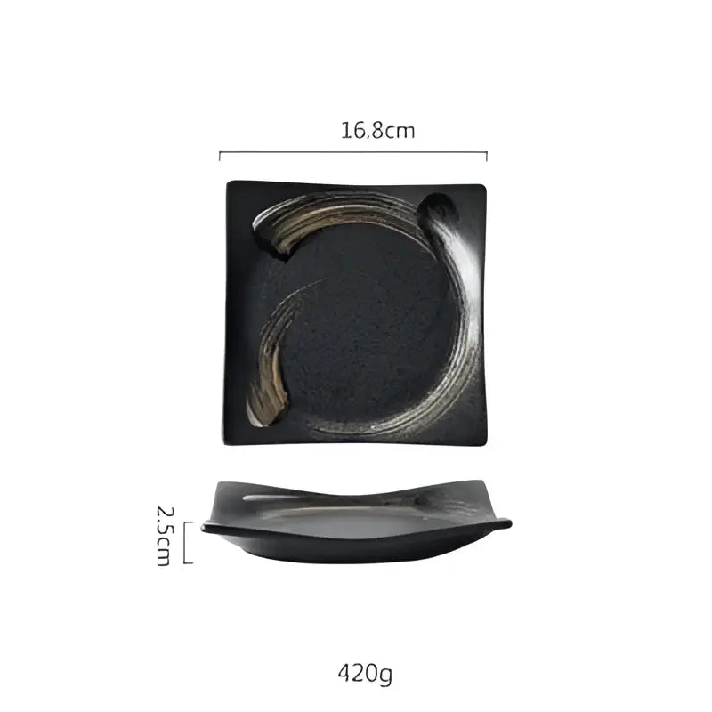 Rustic black ceramic sushi plate with textured surface and curved gold accent from decorbites black ceramic set