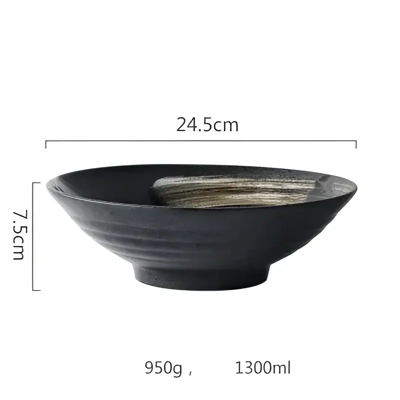Rustic black ceramic sushi bowl with textured ribbed exterior and brown glaze accents in decorbites black ceramic set