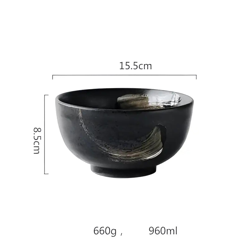 Rustic black ceramic sushi bowl with subtle metallic brushstroke design and handle cutout for decorbites black ceramic set
