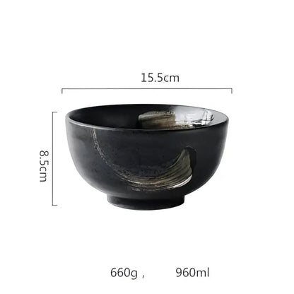Rustic black ceramic sushi bowl with subtle metallic brushstroke design and handle cutout for decorbites black ceramic set