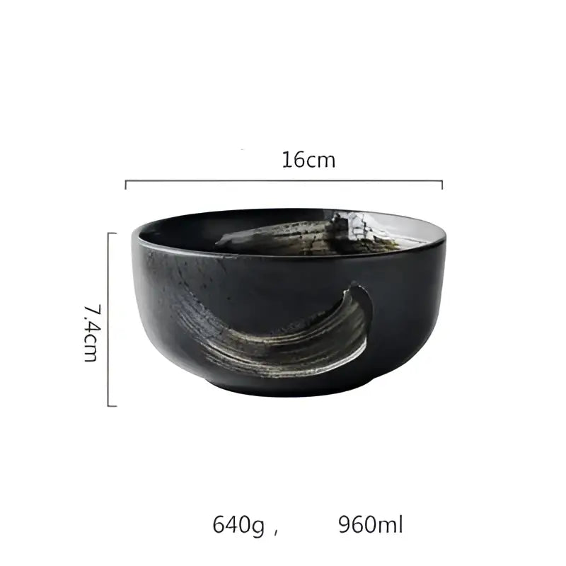 Rustic black ceramic sushi bowl with glossy finish and gray brushstroke design from decorbites black ceramic set