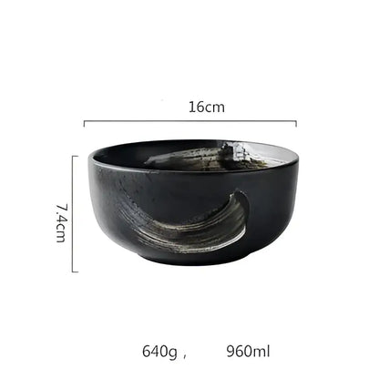 Rustic black ceramic sushi bowl with glossy finish and gray brushstroke design from decorbites black ceramic set