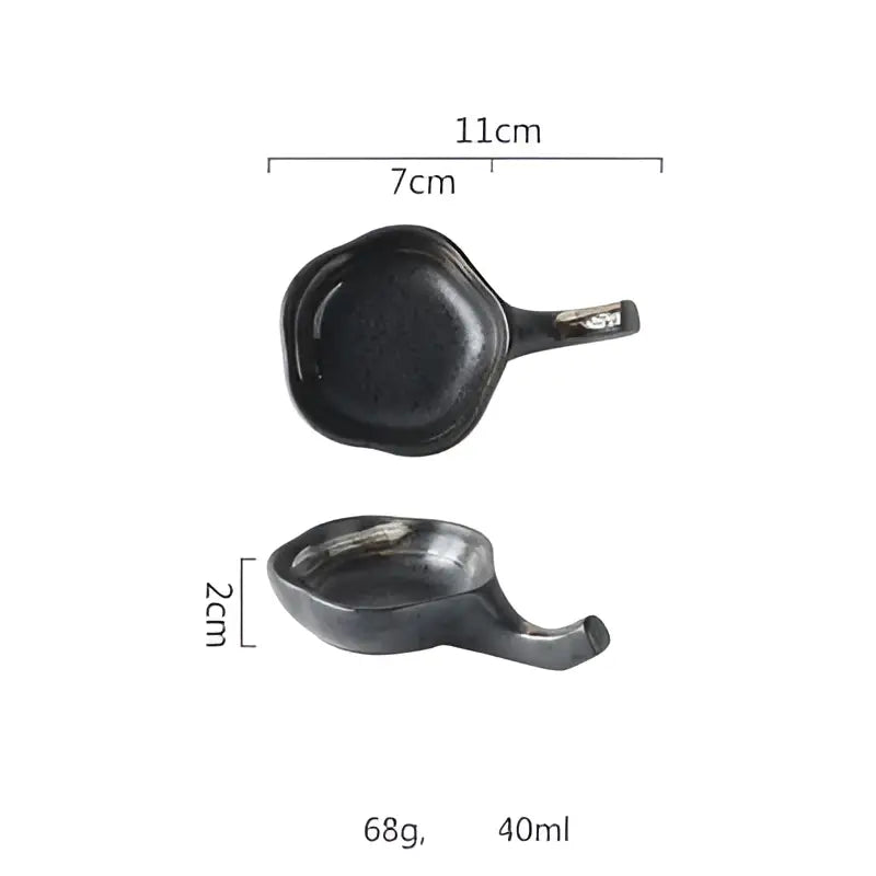 Black ceramic miniature skillet 11cm wide 7cm long part of decorbites black ceramic sushi plate and bowl set with gold accent