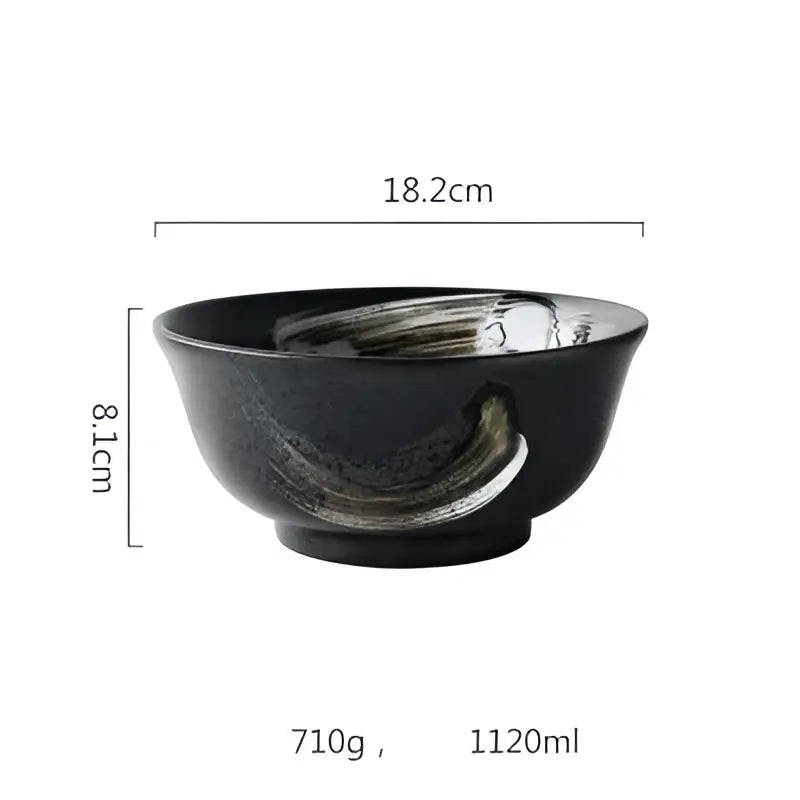Rustic black ceramic sushi bowl with glossy finish and subtle gray brushstroke design by decorbites black ceramic set