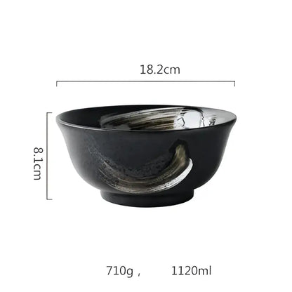 Rustic black ceramic sushi bowl with glossy finish and subtle gray brushstroke design by decorbites black ceramic set