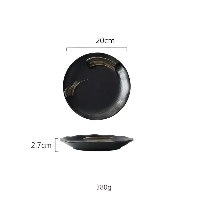 Rustic black ceramic sushi plate with glossy finish and subtle gold brushstroke design for dining decorbites black ceramic