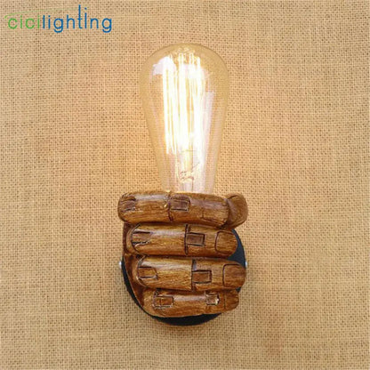 Rustic black and coffee wooden hand wall light pair with clear edison bulb designed as a rustic wall light pair