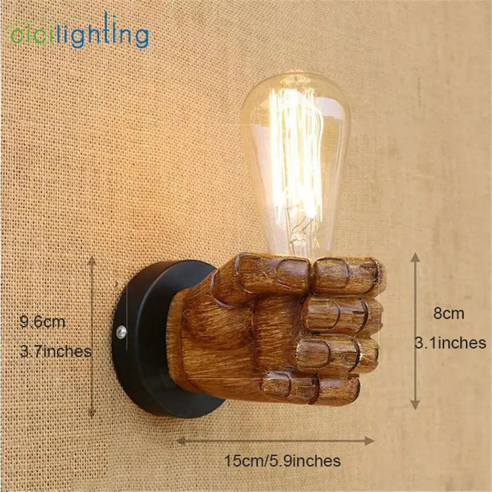 Rustic black and coffee wooden hand wall light pair with black metal base and exposed filament bulb for bedroom use