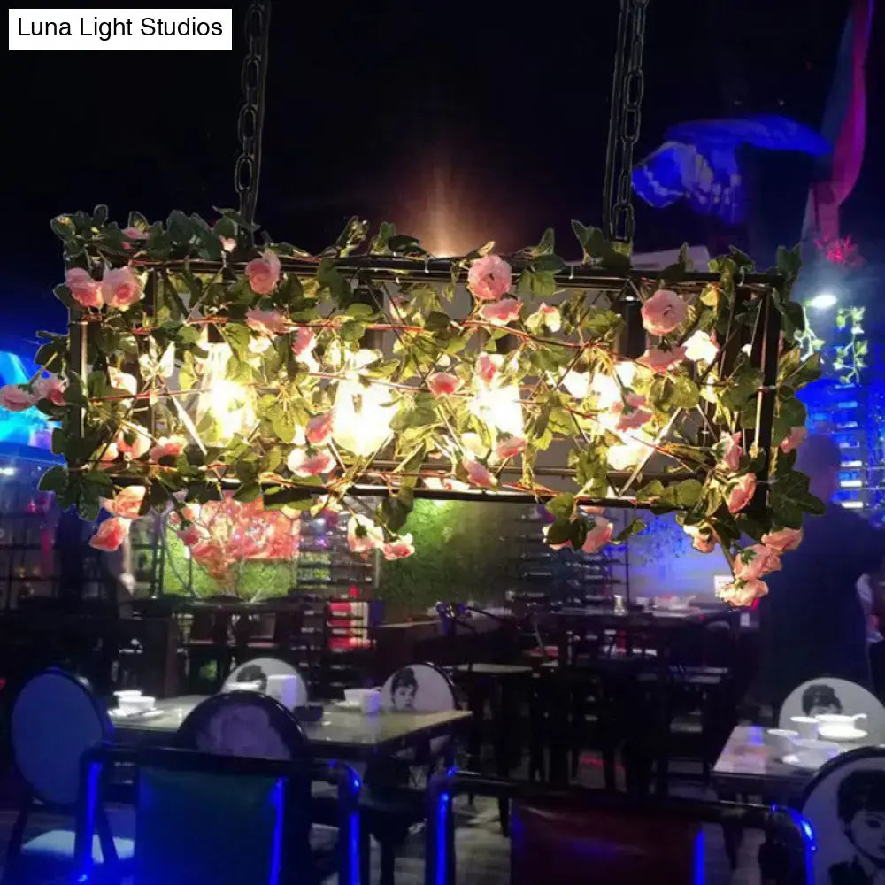 Decorbites industrial metal rectangle four heads island lamp black finish with pink roses and green vines for restaurant