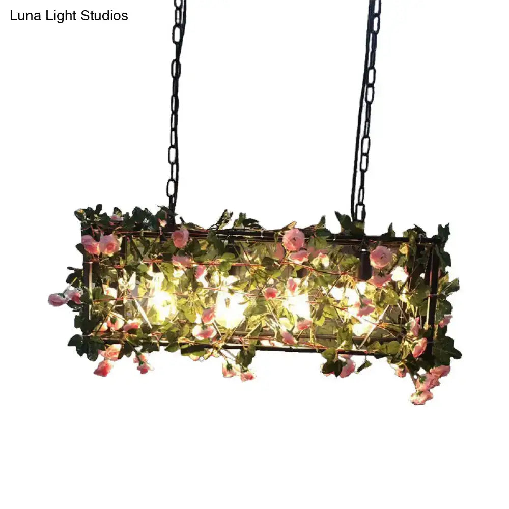 DecorBites industrial metal rectangle island lamp with four heads black finish pink roses and green vines design for restaurant