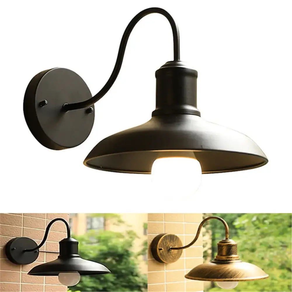 Black rustic gooseneck light fixture with wrought iron curved arm and dome shade for outdoor garage wall decorbites black rustic