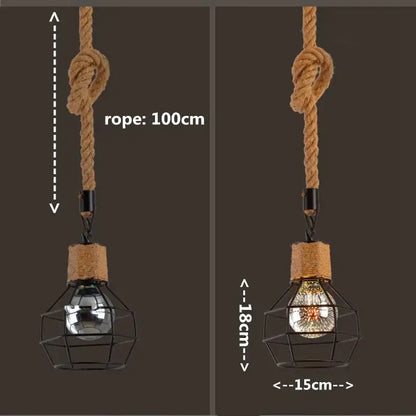 Rustic black iron pendant light with hemp rope suspension and clear glass bulbs for dining room lighting