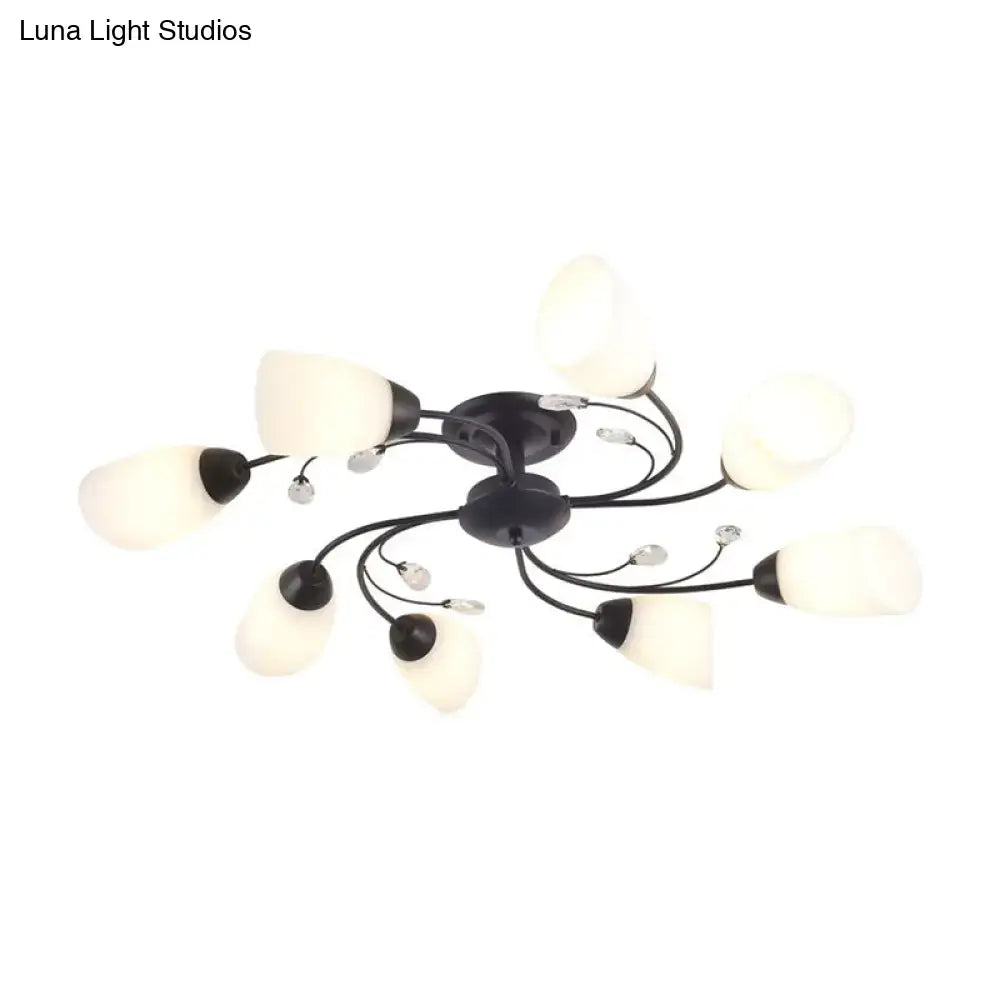 Decorbites™ rustic black opal semi flush ceiling light fixture with eight frosted glass shades and crystal accents