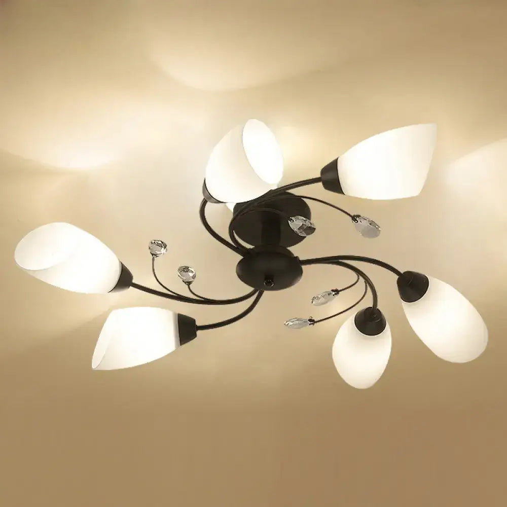 Decorbites rustic black opal semi flush ceiling light fixture with six frosted glass shades and crystal accents