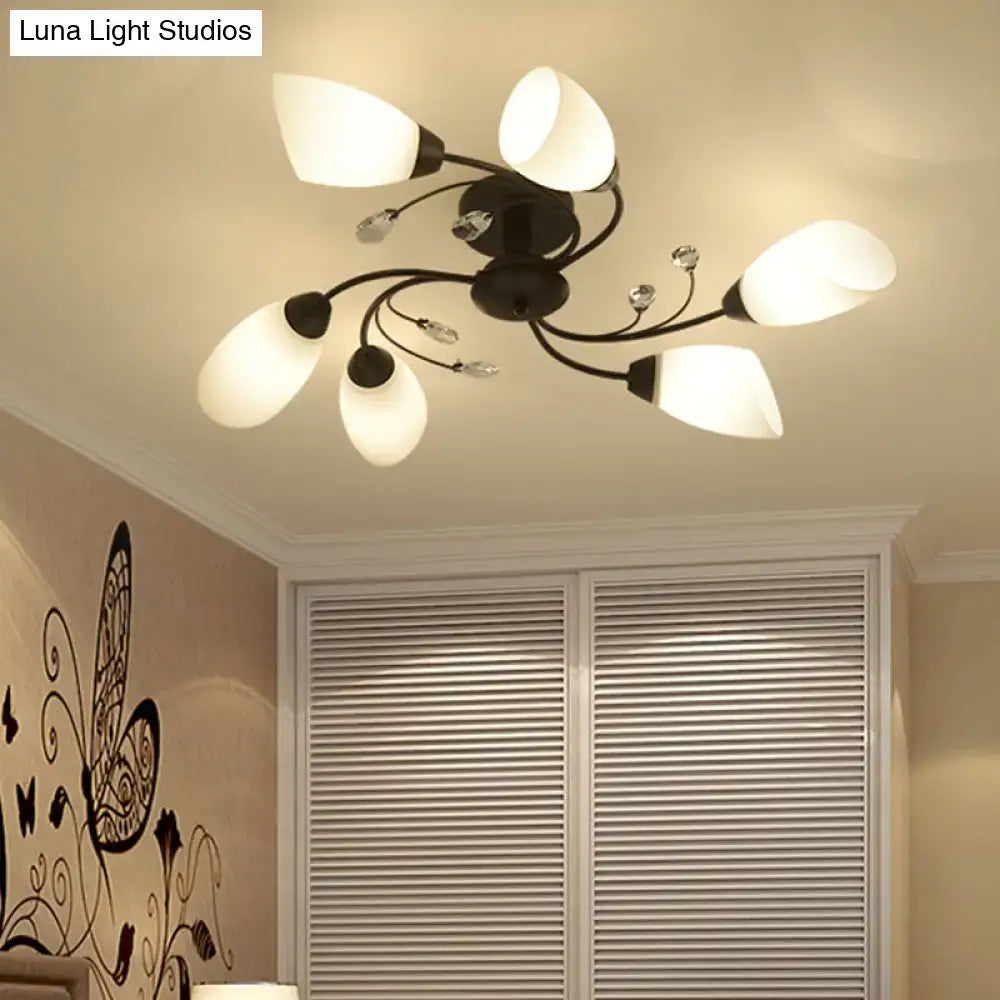 DecorBites™ rustic black opal semi flush ceiling light fixture with five frosted glass shades and crystal accents