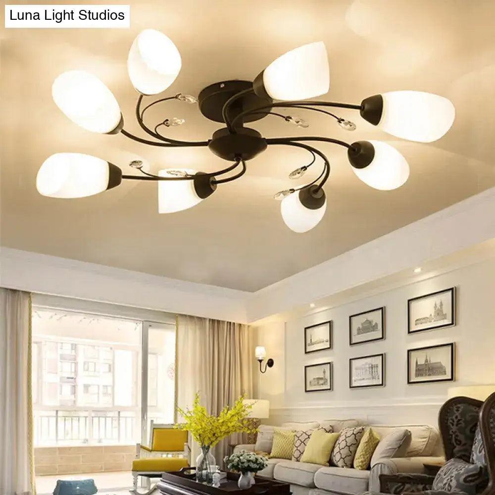 DecorBites™ rustic black opal semi flush ceiling light fixture with eight frosted shades and crystal accents