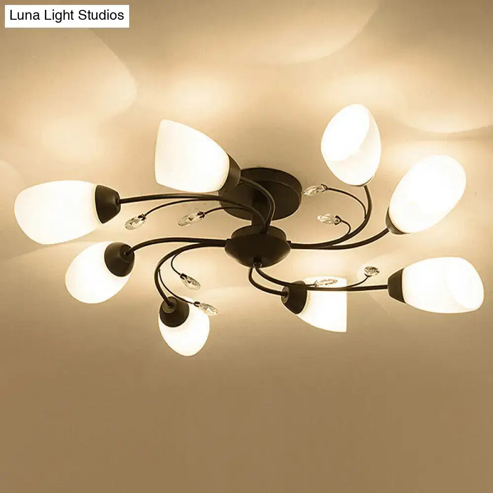 Decorbites rustic black opal semi flush ceiling light fixture with eight frosted glass shades and crystal accents
