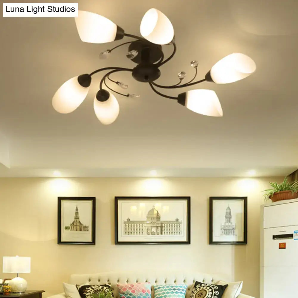 DecorBites™ rustic black opal semi flush ceiling light fixture with floral swirl design and five frosted glass shades