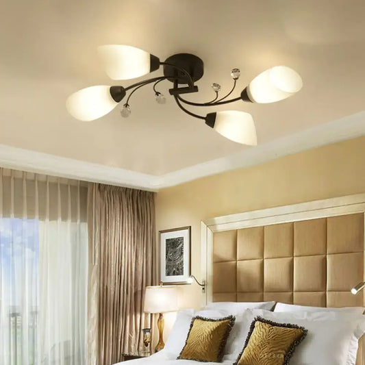 DecorBites™ rustic black opal semi flush ceiling light fixture with five frosted glass shades and crystal accents