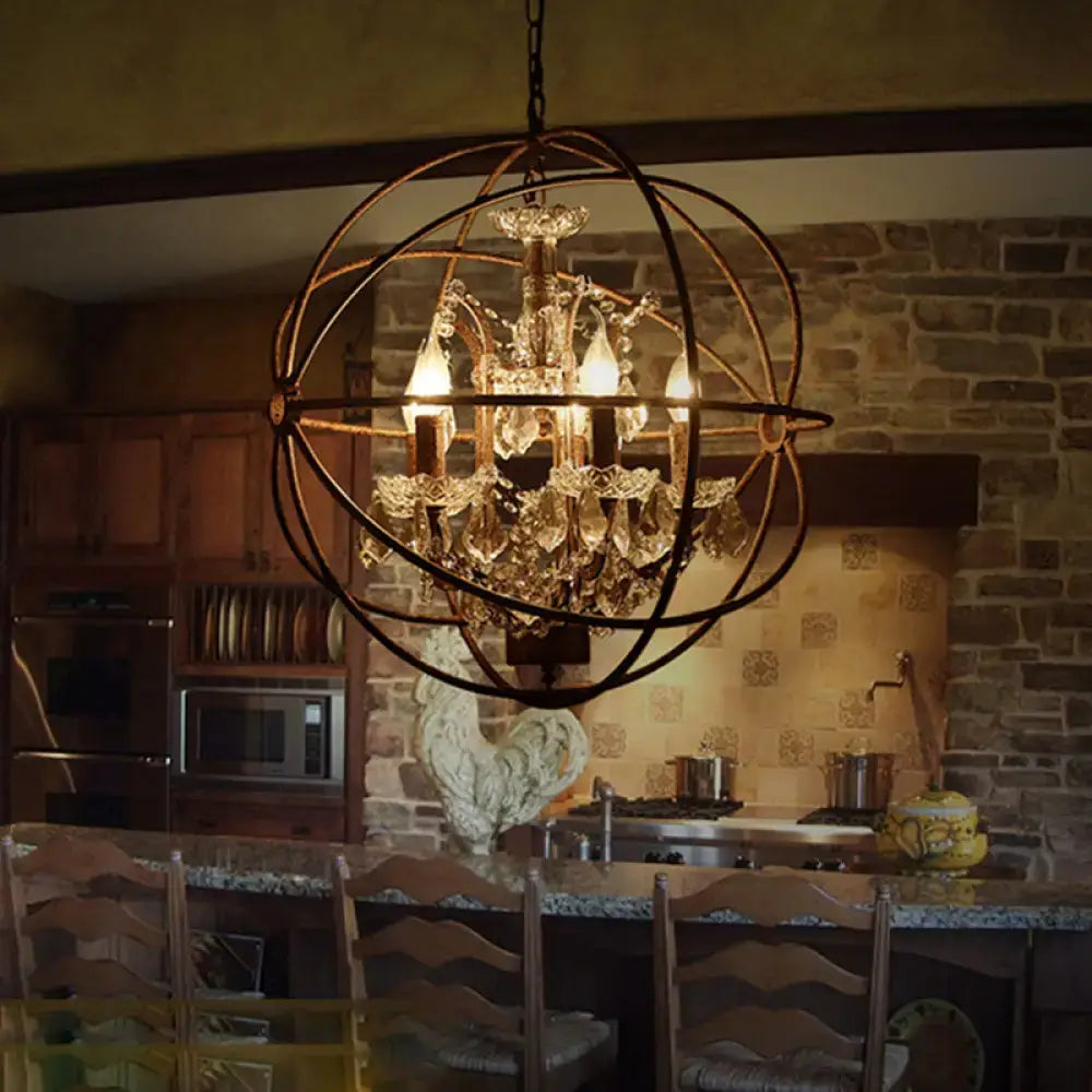 DecorBites™ rustic golden wrought iron chandelier pendant with crystal deco and spherical metal frame for restaurants