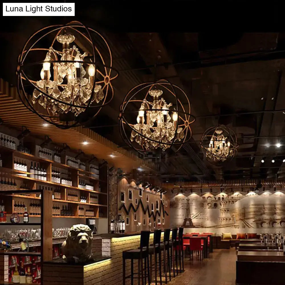 Gilded 4-light wrought iron chandelier pendant with spherical frames and crystal deco for rustic restaurant decor