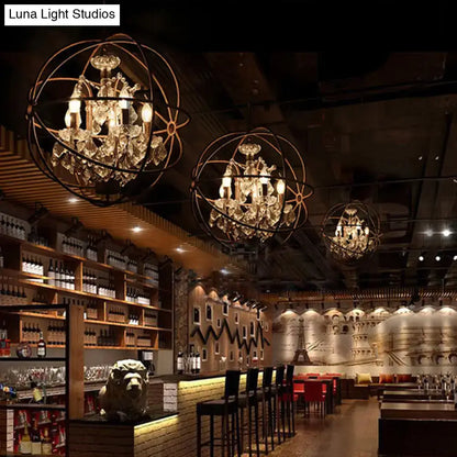 Gilded 4-light wrought iron chandelier pendant with spherical frames and crystal deco for rustic restaurant decor