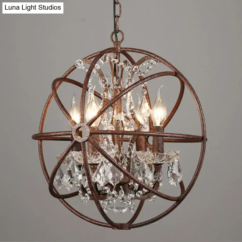 DecorBites™ rustic bronze wrought iron chandelier pendant with intricate metal rings and crystal deco droplets for restaurants