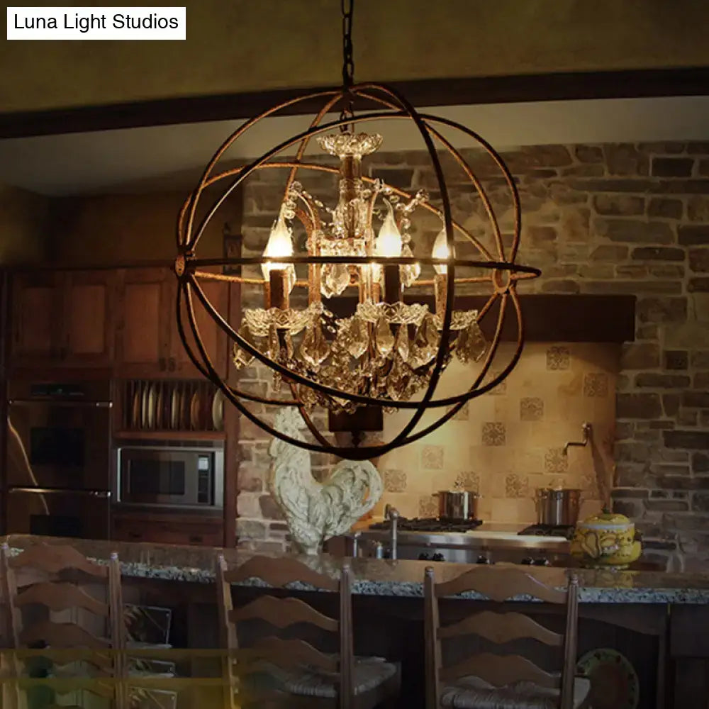 DecorBites™ rustic 4-light wrought iron chandelier pendant with warm crystal deco and dark metal frame for restaurants