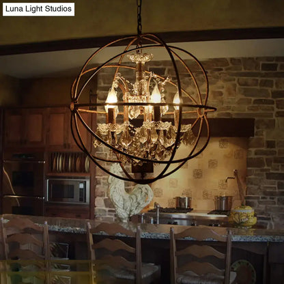 DecorBites™ rustic 4-light wrought iron chandelier pendant with warm crystal deco and dark metal frame for restaurants