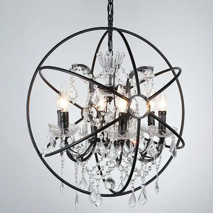 Black wrought iron chandelier pendant with clear crystal deco droplets and candle-style bulbs for restaurant decor
