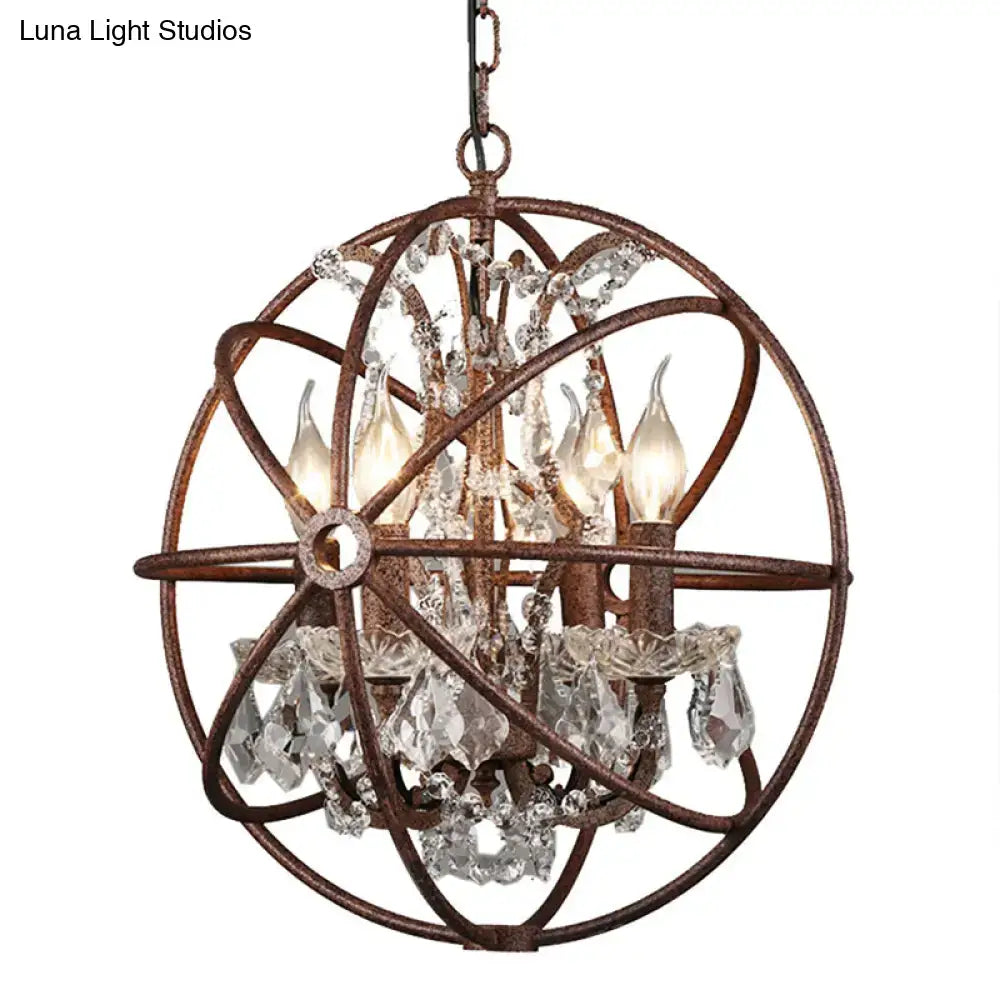 Antique bronze globe wrought iron chandelier pendant with clear crystal deco droplets and prisms for restaurants