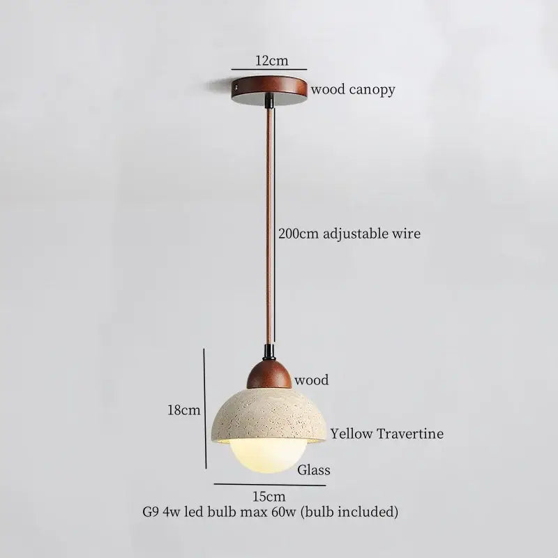 Rustic brass and ceramic glass ball led pendant light featuring a wooden stem and 18cm yellow travertine glass shade