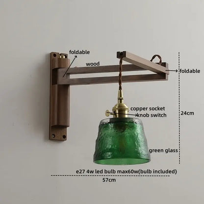 Rustic brass and clear glass wall sconce with dark wood arm and green textured glass shade by decorbites clear glass