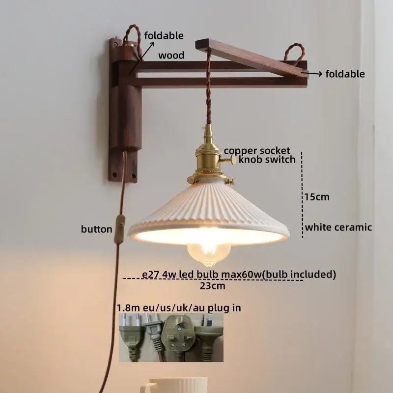 A white ceramic wall sconce with a fluted pendant lamp, wooden arm, and brass copper socket knob switch decorbites clear glass