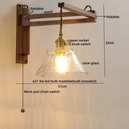 Rustic brass and clear glass wall sconce with wooden mount and pull chain switch for decorbites clear glass lighting