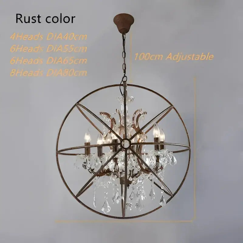 Rust-colored rustic bronze crystal earth birdcage chandelier with crystal droplets and candle-style bulbs for dining room decorbites crystal earth