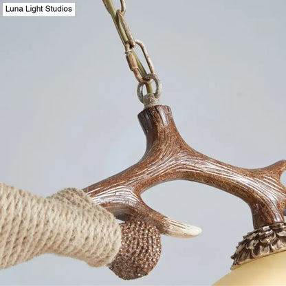 Decorbites traditional bell ceiling light with antler arm, rustic brown finish, rope-wrapped accents, 2-bulb base