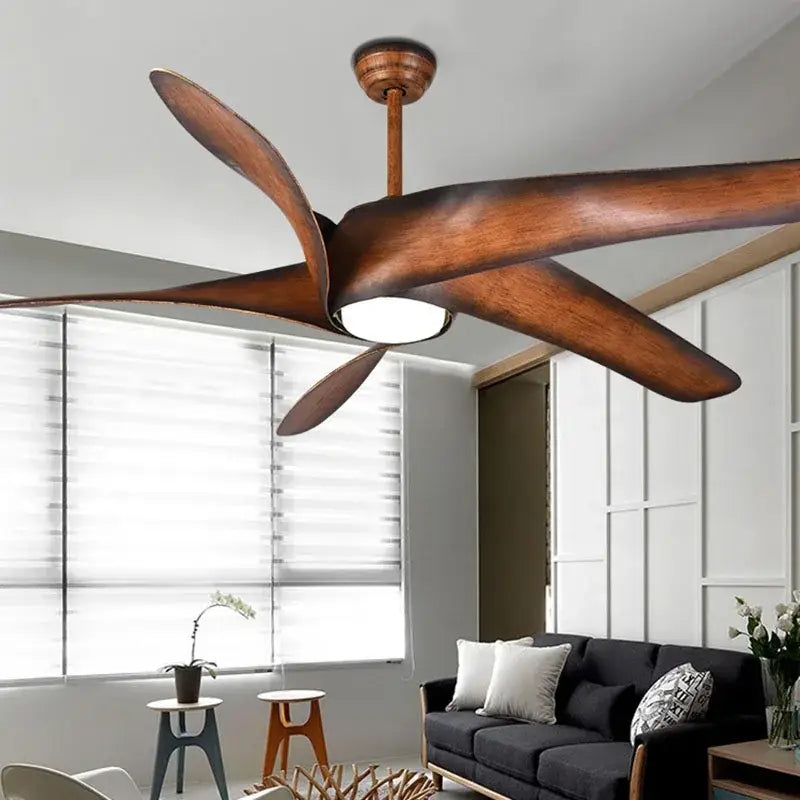 Rustic wooden ceiling fan with five wide brown blades and central light fixture with remote control for living room