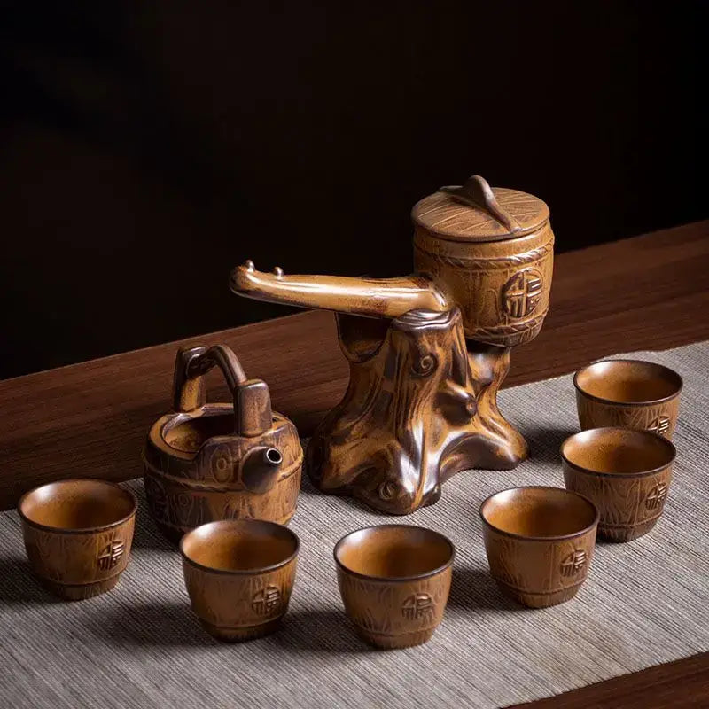 Rustic brown ceramic tea set with tree trunk base and engraved chinese characters for tea brewing decorbites ceramic kung