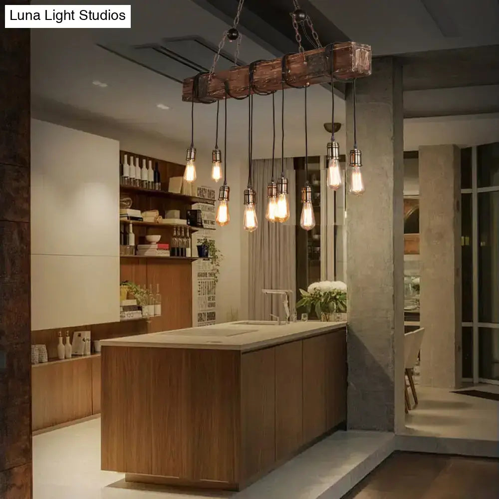 DecorBites 10-head metal pendant light fixture with exposed bulbs and rustic wooden beam in brown finish