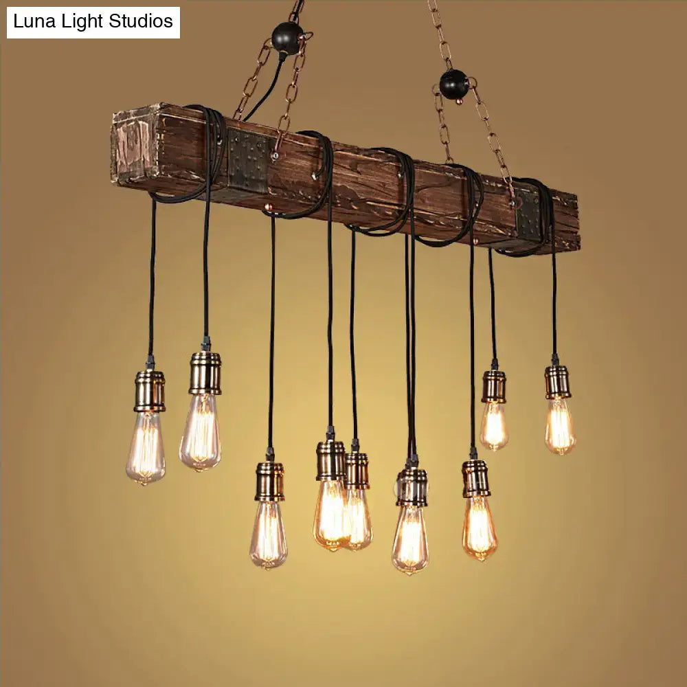 Rustic wooden beam chandelier metal pendant light fixture with multiple exposed bulbs in brown finish by decorbites