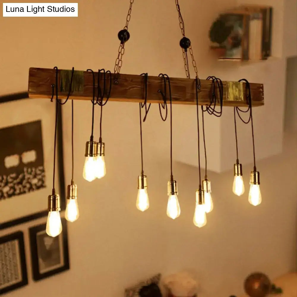 DecorBites 10-head metal pendant light fixture with brown finish wood beam and exposed Edison bulbs hanging chandelier