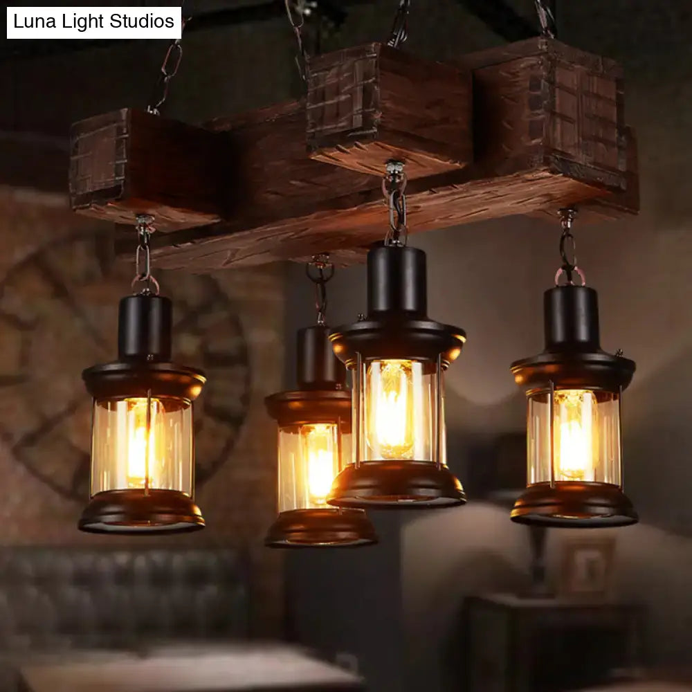 DecorBites™ rustic wooden brown ceiling light lantern with black metal frames amber glass shades 220v-240v hanging lamp