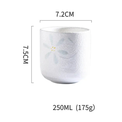 White ceramic tea cup with light blue floral design and subtle texture in decorbites coarse ceramic tea set