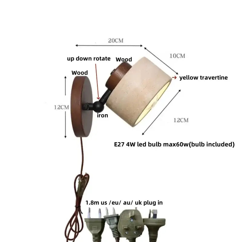 Adjustable wall sconce with wooden base iron joint and yellow travertine shade for rustic concrete and dark wood decorbites led wall use