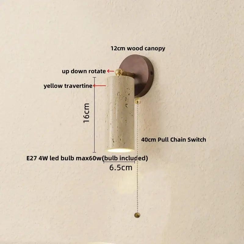 Cylindrical yellow travertine wall sconce with wood canopy and brass accents featuring e27 led bulb decorbites led wall lighting