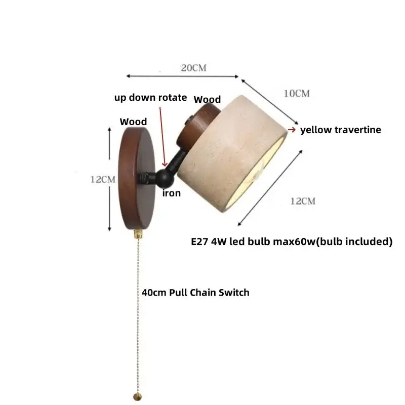 Rustic concrete and dark wood led wall sconce with beige travertine shade and black iron arm for bedroom decorbites led wall sconce
