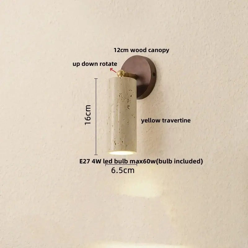 Rustic concrete and dark wood led wall sconce with yellow travertine cylindrical shade and rotating up-down mechanism